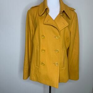 Relativity Mustard Gold PeaCoat Sz Large Double Breasted Wool Blend